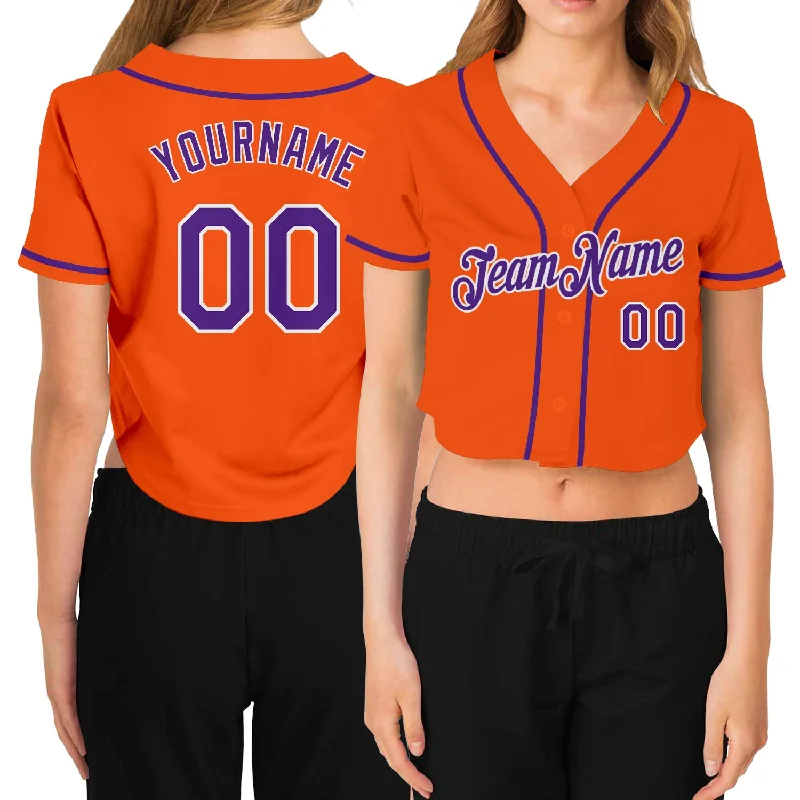 Soft Polyester Baseball Jersey for Maximum Comfort-Custom Women's Orange Purple-White V-Neck Cropped Baseball Jersey