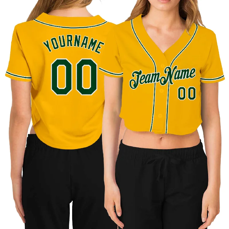 Team Baseball Jersey with Embroidered Logo-Custom Women's Gold Green-White V-Neck Cropped Baseball Jersey