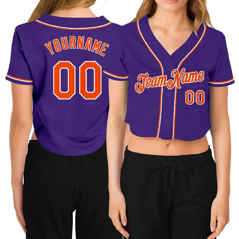 Custom Baseball Jersey for Fan Events-Custom Women's Purple Orange-White V-Neck Cropped Baseball Jersey