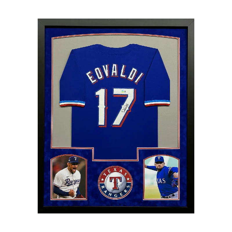 Lightweight Baseball Jersey for Easy Movement-Nathan Eovaldi Signed Blue Custom Suede Matte Framed Baseball Jersey (Beckett)