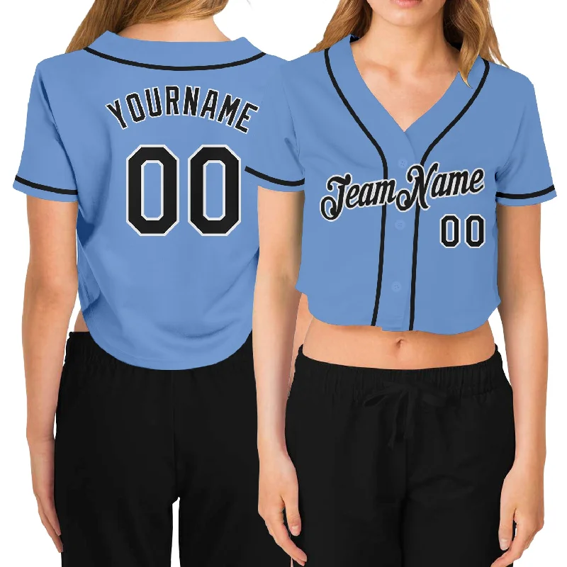 Comfortable Baseball Jersey for Softball Players-Custom Women's Light Blue Black-White V-Neck Cropped Baseball Jersey