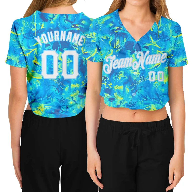 Official MLB Baseball Jersey for Authentic Look-Custom Women's Graffiti Pattern White-Light Blue Scratch 3D V-Neck Cropped Baseball Jersey