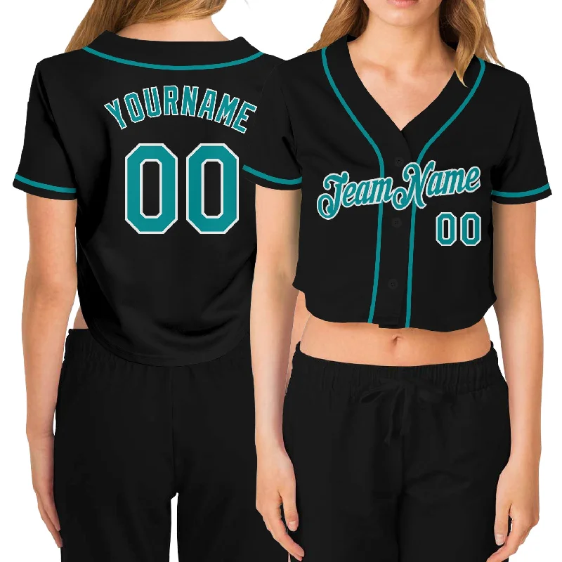 Stylish Pinstripe Baseball Jersey for Vintage Look-Custom Women's Black Aqua-White V-Neck Cropped Baseball Jersey