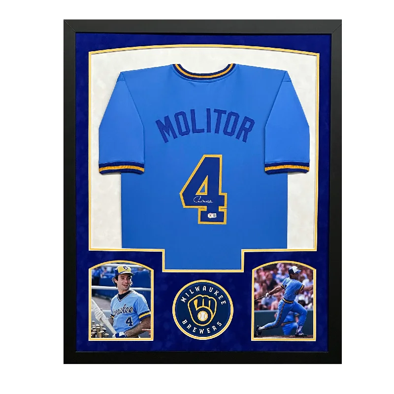 Custom Baseball Jersey for Fan Events-Paul Molitor Signed Minnesota Blue Custom Suede Matte Framed Baseball Jersey (Beckett)