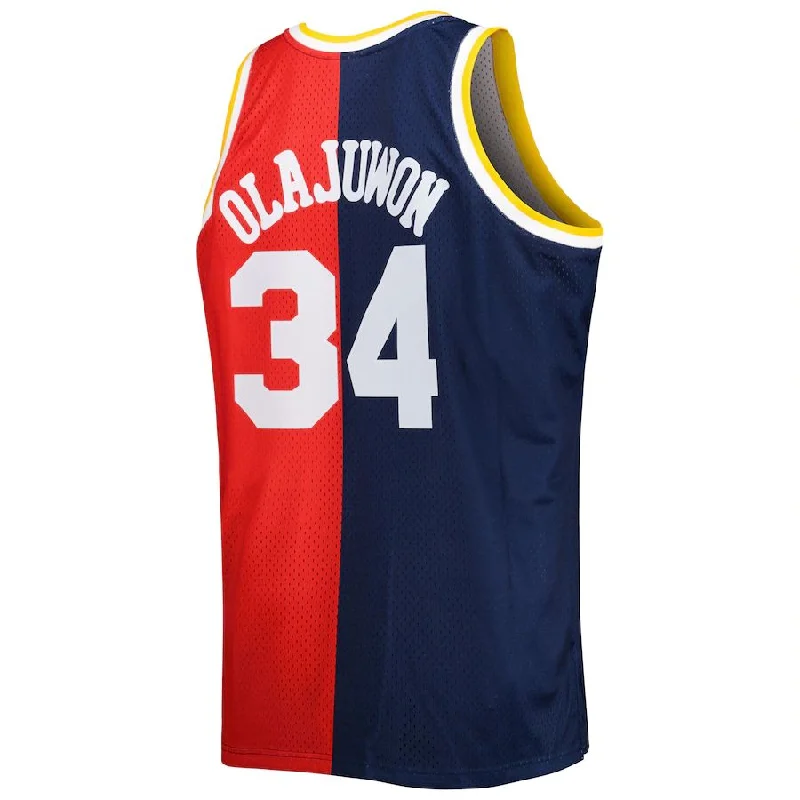 Basketball Jersey with Flexible Stretch Fabric for Better Fit-H.Rockets #34 Hakeem Olajuwon Mitchell & Ness Big & Tall Hardwood Classics 1993-94 Split Swingman Jersey Navy Red Stitched American Basketball Jersey