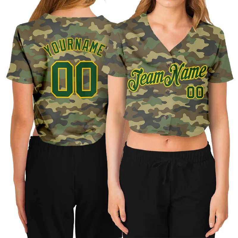 Stylish Baseball Jersey for On-the-Go Players-Custom Women's Camo Green-Gold Salute To Service V-Neck Cropped Baseball Jersey