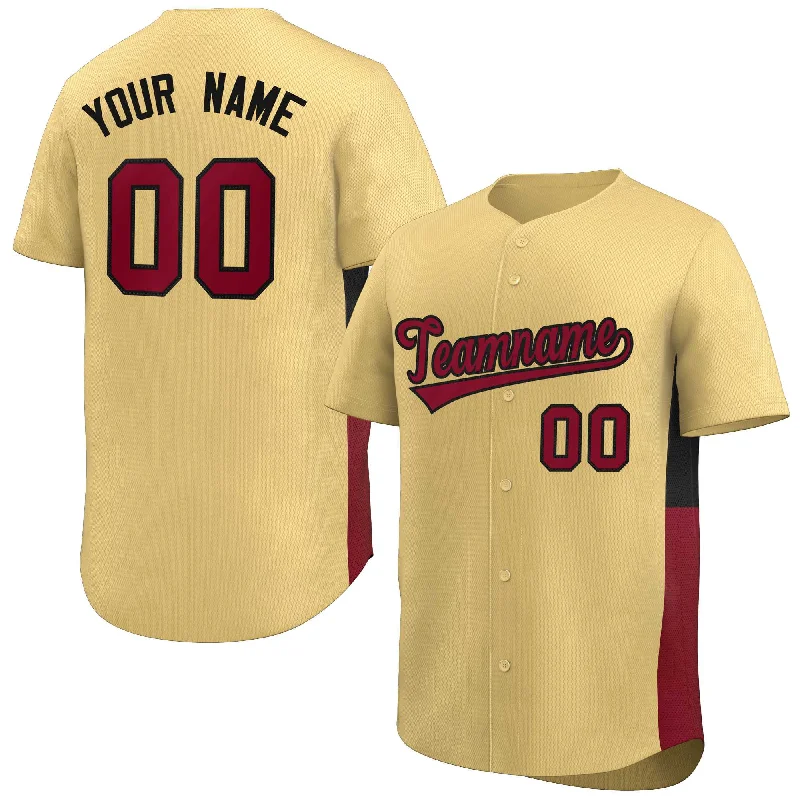 Sporty Baseball Jersey for Active Players-Custom Khaki Crimson-Black Personalized Side Two-Tone Design Authentic Baseball Jersey