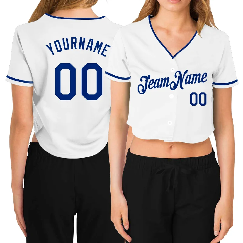 Baseball Jersey with Custom Logo for Teams-Custom Women's White Royal V-Neck Cropped Baseball Jersey