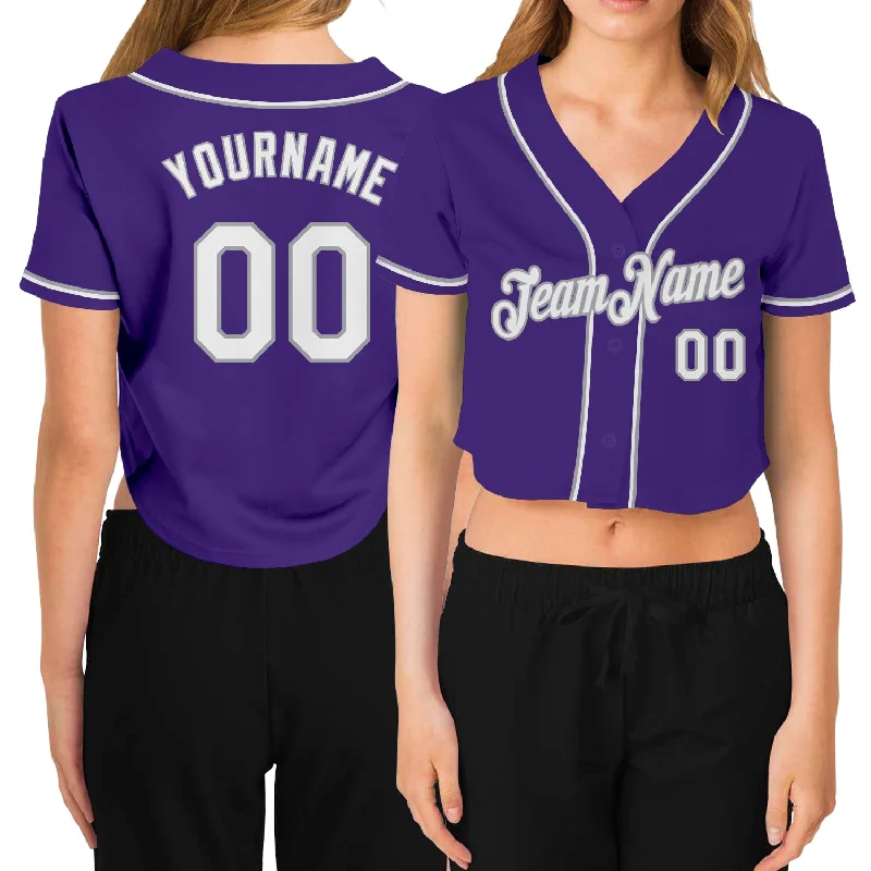 Personalized Name Baseball Jersey for Fans-Custom Women's Purple White-Gray V-Neck Cropped Baseball Jersey