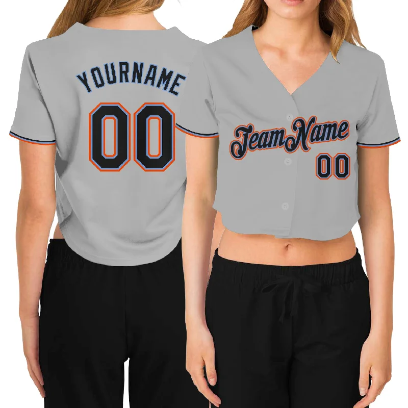 Custom Baseball Jersey with Your Own Text-Custom Women's Gray Black Powder Blue-Orange V-Neck Cropped Baseball Jersey