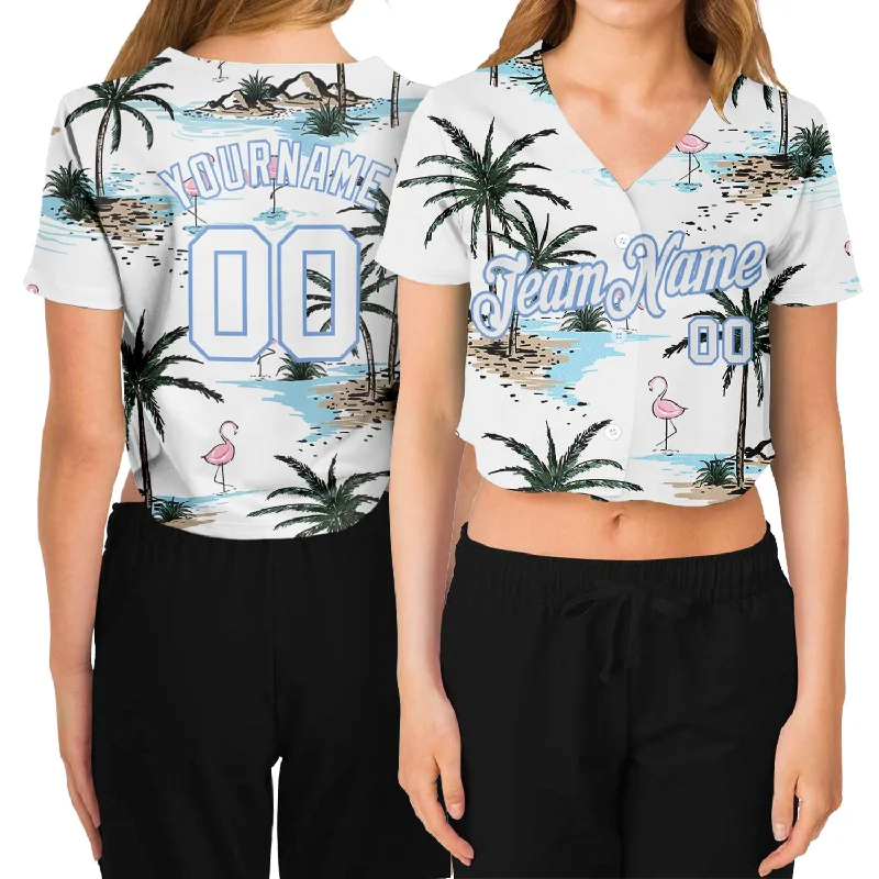 Baseball Jersey for Charity Events and Fundraisers-Custom Women's White White-Light Blue Hawaii Palm Trees 3D V-Neck Cropped Baseball Jersey