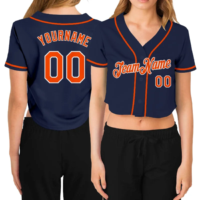 Custom Logo Baseball Jersey for Club Teams-Custom Women's Navy Orange-White V-Neck Cropped Baseball Jersey