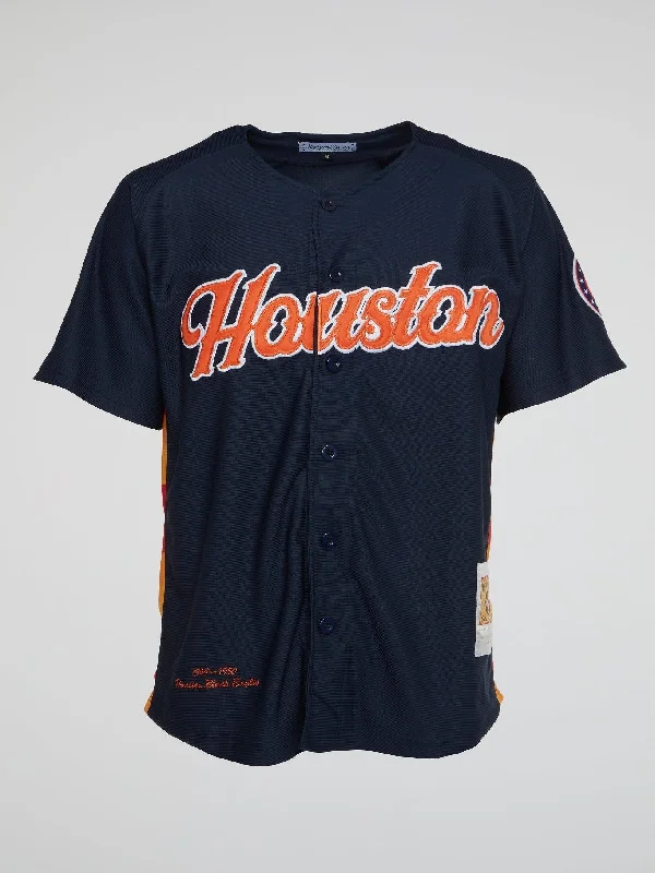 Full Button Baseball Jersey for Traditional Style-Headgear - Houston Eagles Navy Baseball Jersey