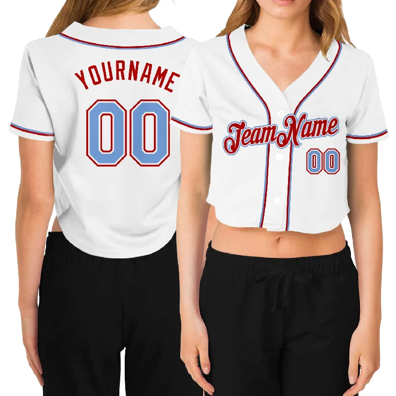 Soft Baseball Jersey for Warm Weather Play-Custom Women's White Light Blue-Red V-Neck Cropped Baseball Jersey