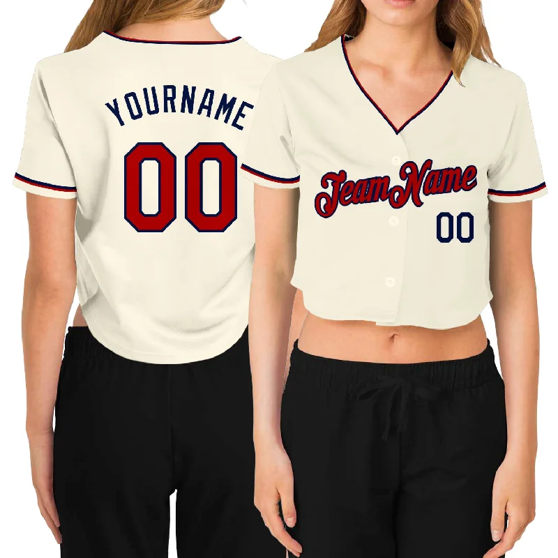 Mesh Baseball Jersey for Breathability and Comfort-Custom Women's Cream Red-Navy V-Neck Cropped Baseball Jersey