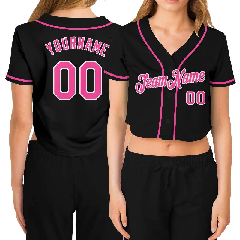 Embroidered Baseball Jersey with Team Colors-Custom Women's Black Pink-White V-Neck Cropped Baseball Jersey