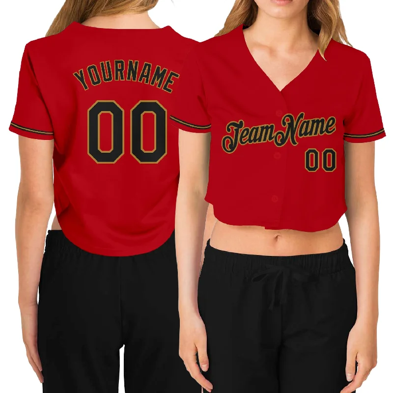 Officially Licensed Baseball Jersey for Fans-Custom Women's Red Black-Old Gold V-Neck Cropped Baseball Jersey