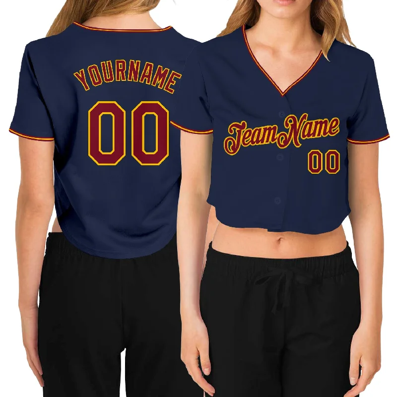 Baseball Jersey for Family Sports Day Events-Custom Women's Navy Crimson-Gold V-Neck Cropped Baseball Jersey