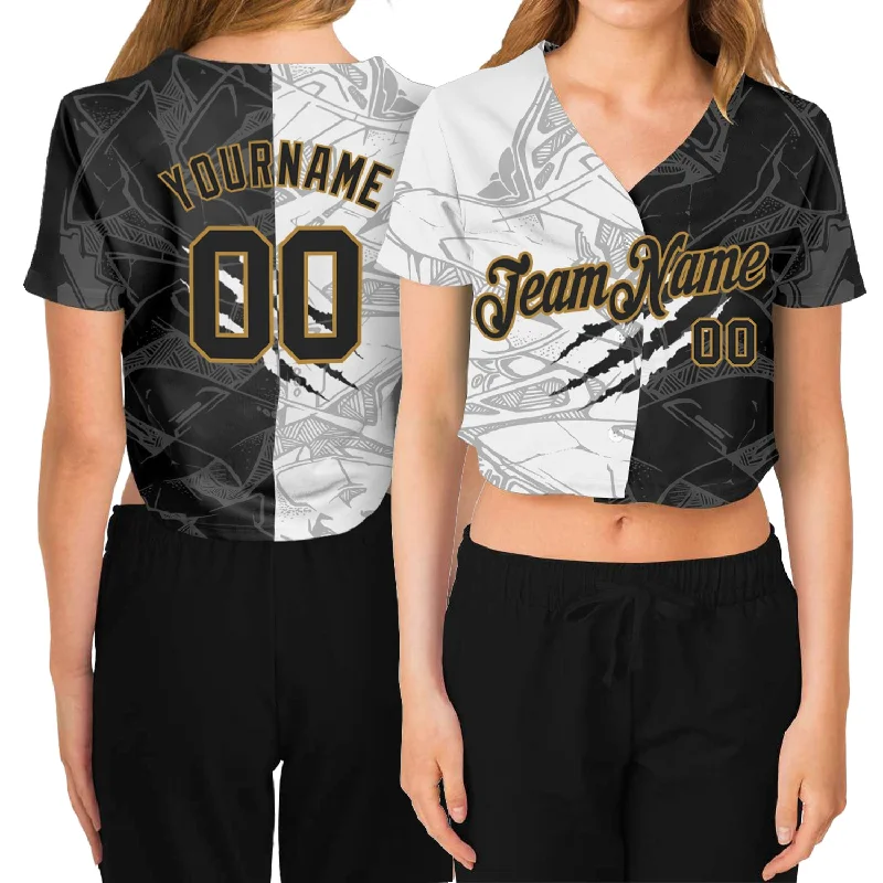 Custom Logo Baseball Jersey for Club Teams-Custom Women's Graffiti Pattern Black-Old Gold Scratch 3D V-Neck Cropped Baseball Jersey