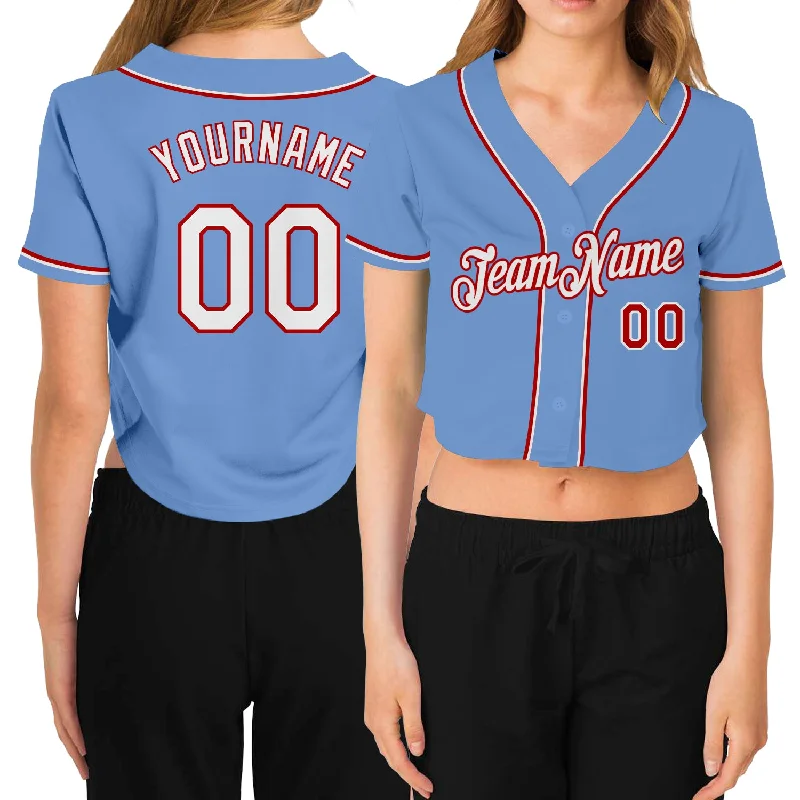 Breathable Baseball Jersey for Hot Weather-Custom Women's Light Blue White-Red V-Neck Cropped Baseball Jersey