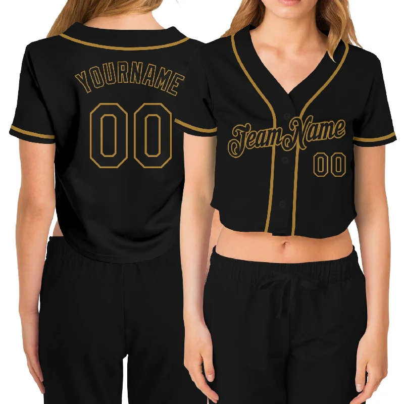 Baseball Jersey for Charity Events and Fundraisers-Custom Women's Black Black-Old Gold V-Neck Cropped Baseball Jersey