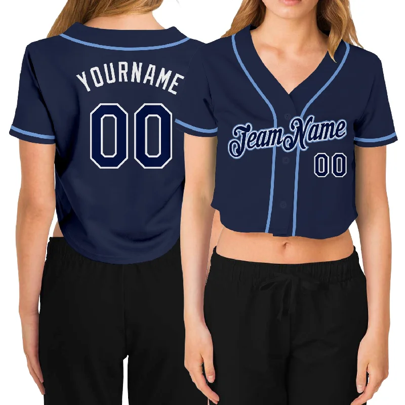 Baseball Jersey with Bold Team Colors-Custom Women's Navy Navy-White V-Neck Cropped Baseball Jersey