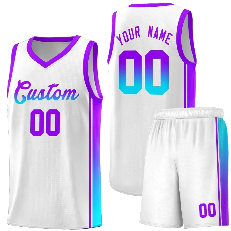 Custom Basketball Jersey with Embroidered Logo-Custom White Purple-Light Blue Gradient Fashion Sports Uniform Basketball Jersey