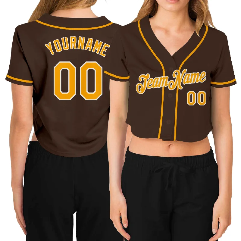 Colorful Baseball Jersey for Fun Outfits-Custom Women's Brown Gold-White V-Neck Cropped Baseball Jersey