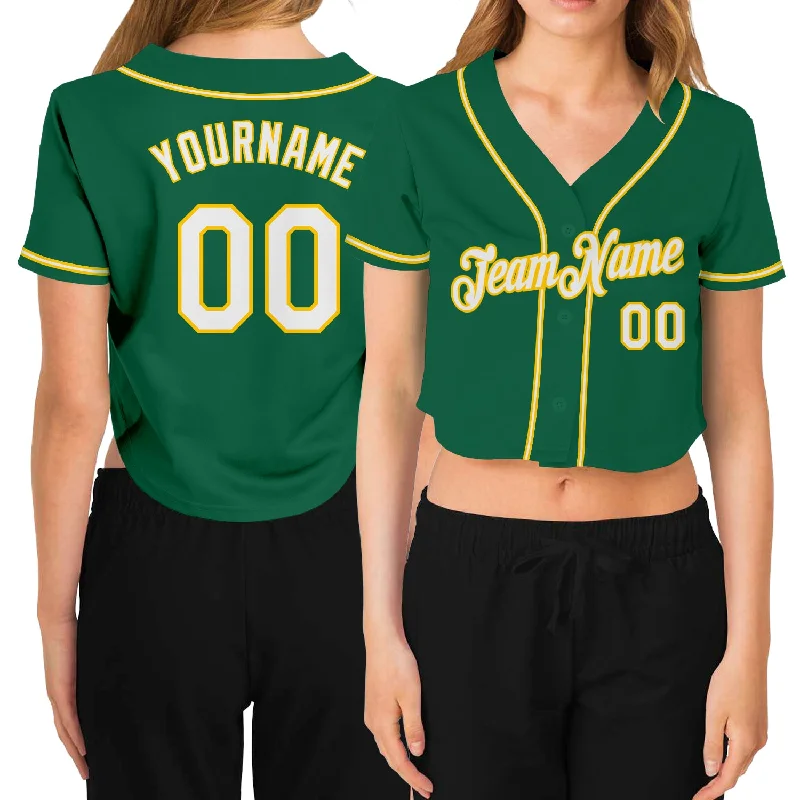 Team Baseball Jersey with Embroidered Logo-Custom Women's Kelly Green White-Gold V-Neck Cropped Baseball Jersey