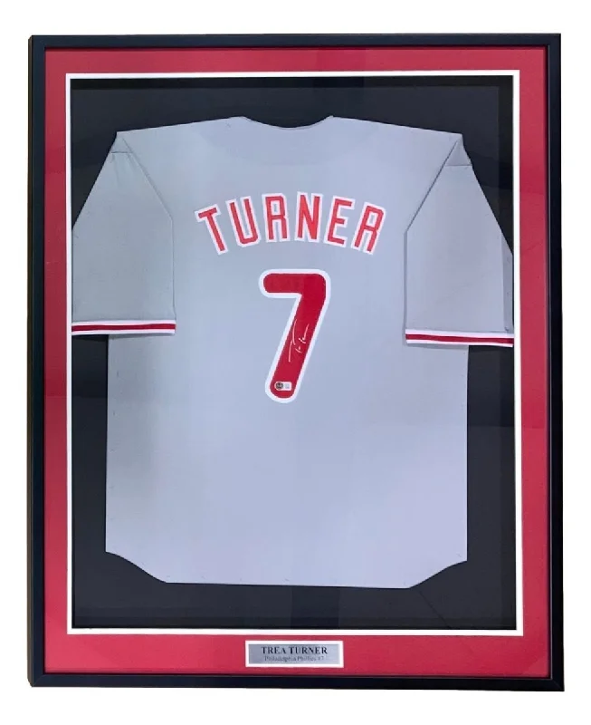 Embroidered Baseball Jersey with Team Colors-Trea Turner Philadelphia Signed Framed Gray Baseball Jersey BAS ITP