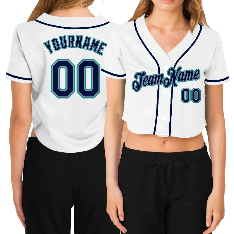 Comfortable and Stylish Baseball Jersey for All Ages-Custom Women's White Navy Gray-Aqua V-Neck Cropped Baseball Jersey