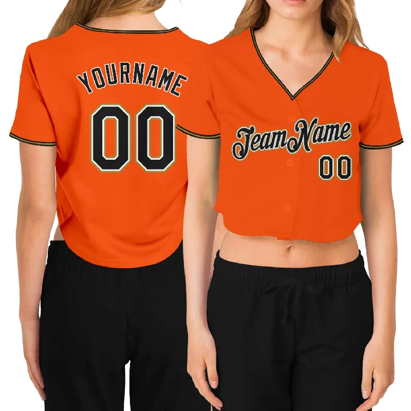 Custom Baseball Jersey for Fan Events-Custom Women's Orange Black Old Gold-White V-Neck Cropped Baseball Jersey