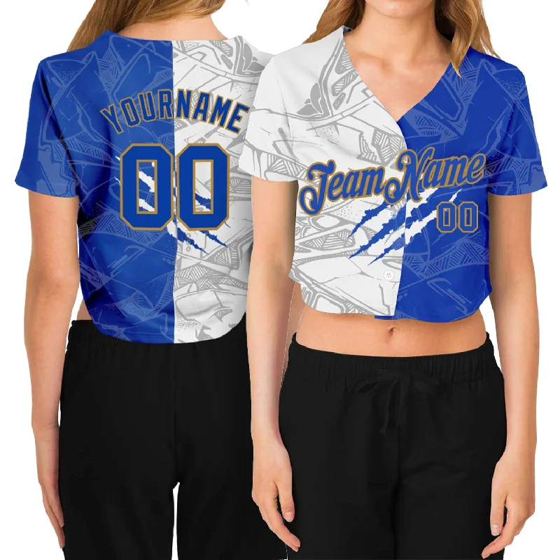 Full Button Baseball Jersey for Traditional Style-Custom Women's Graffiti Pattern Royal-Old Gold Scratch 3D V-Neck Cropped Baseball Jersey