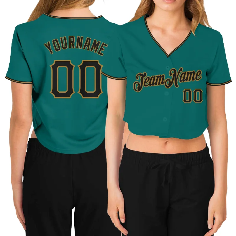 Custom Baseball Jersey for Fan Events-Custom Women's Aqua Black-Old Gold V-Neck Cropped Baseball Jersey