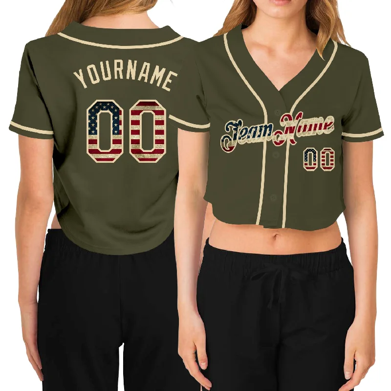 Stylish Pinstripe Baseball Jersey for Vintage Look-Custom Women's Olive Vintage USA Flag-Cream Salute To Service V-Neck Cropped Baseball Jersey