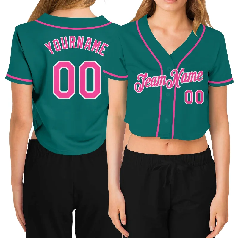 Soft Cotton Blend Baseball Jersey for Comfort-Custom Women's Aqua Pink-White V-Neck Cropped Baseball Jersey