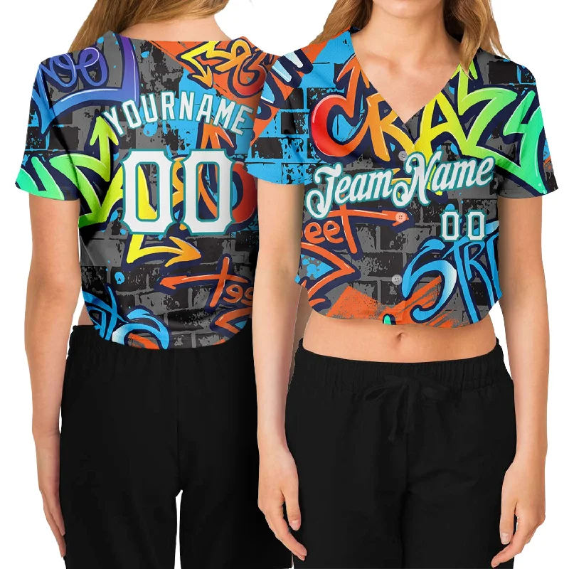 Youth Baseball Jersey for Kids and Teens-Custom Women's Graffiti Pattern White-Aqua Geometric 3D V-Neck Cropped Baseball Jersey