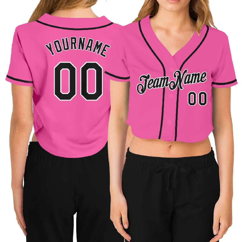 Unique Baseball Jersey for Personal Style-Custom Women's Pink Black-White V-Neck Cropped Baseball Jersey