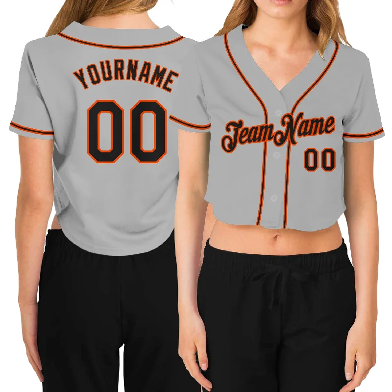 Custom Logo Baseball Jersey for Club Teams-Custom Women's Gray Black-Orange V-Neck Cropped Baseball Jersey