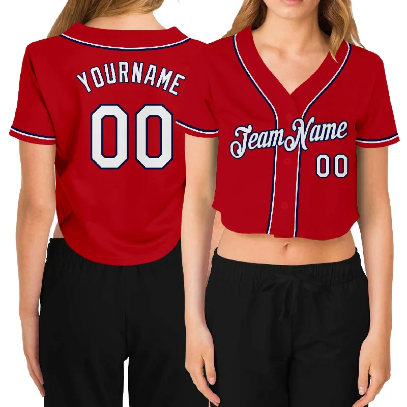 Vintage-Inspired Baseball Jersey for Retro Fans-Custom Women's Red White-Navy V-Neck Cropped Baseball Jersey