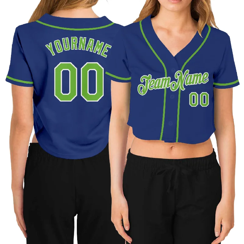 Stylish Baseball Jersey for Fans and Players-Custom Women's Royal Neon Green-White V-Neck Cropped Baseball Jersey