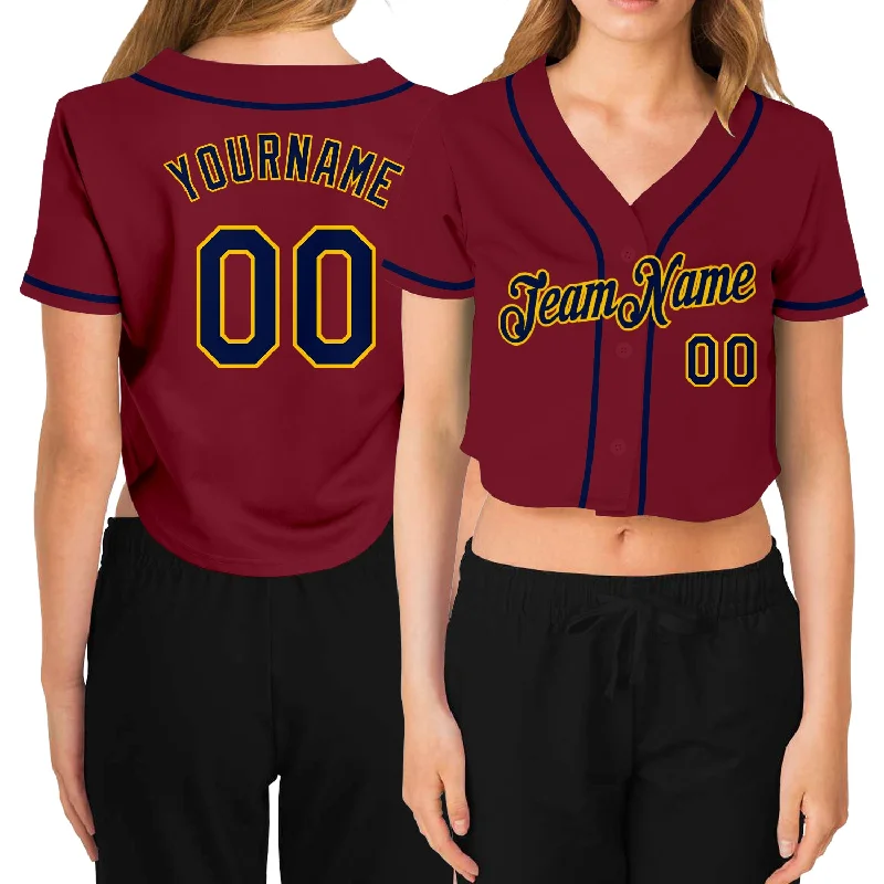 Soft Polyester Baseball Jersey for Maximum Comfort-Custom Women's Crimson Navy-Gold V-Neck Cropped Baseball Jersey