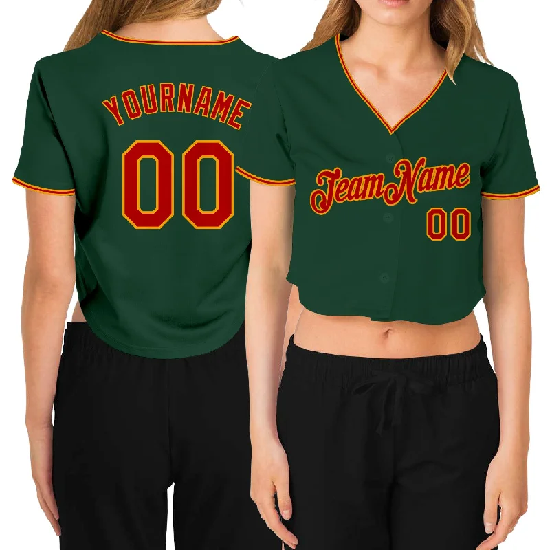 Baseball Jersey with Number and Name on Back-Custom Women's Green Red-Gold V-Neck Cropped Baseball Jersey