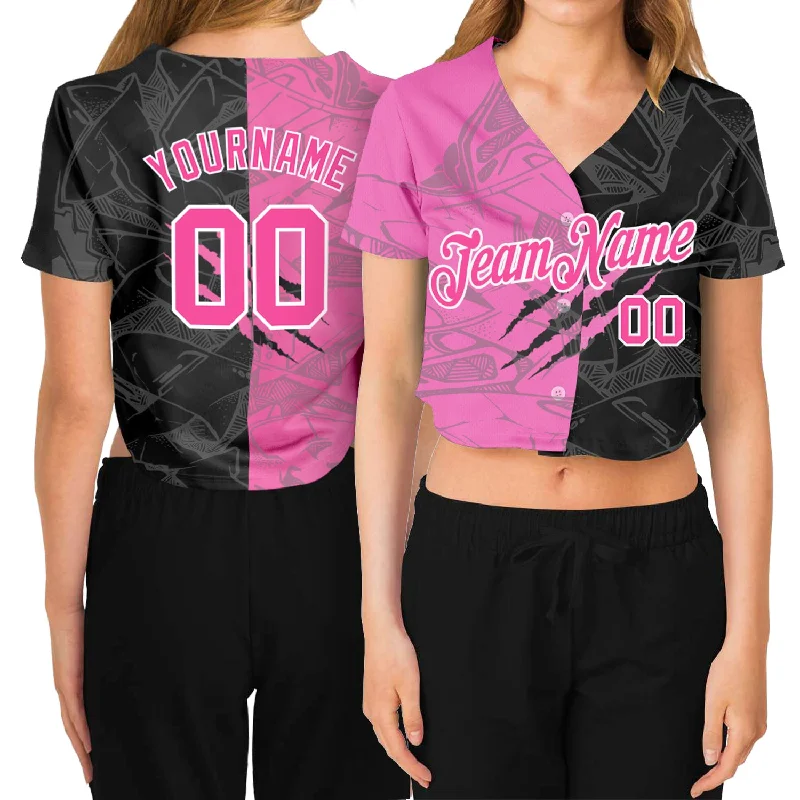 Comfortable Fitted Baseball Jersey for Active Use-Custom Women's Graffiti Pattern Pink-White Scratch 3D V-Neck Cropped Baseball Jersey