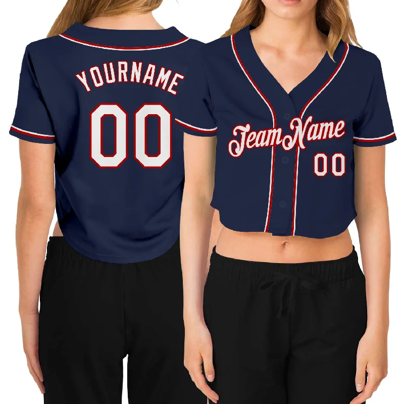 Soft Polyester Baseball Jersey for Active Play-Custom Women's Navy White-Red V-Neck Cropped Baseball Jersey