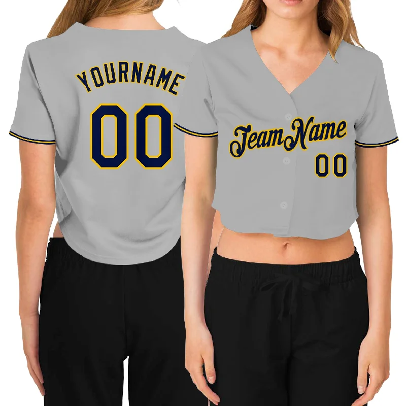 Personalized Baseball Jersey for Fan Collectibles-Custom Women's Gray Navy-Gold V-Neck Cropped Baseball Jersey