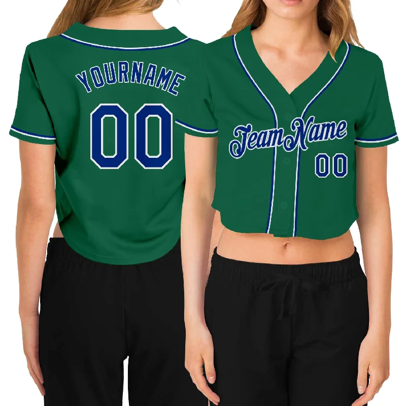 Custom Design Baseball Jersey for Unique Looks-Custom Women's Kelly Green Royal-White V-Neck Cropped Baseball Jersey