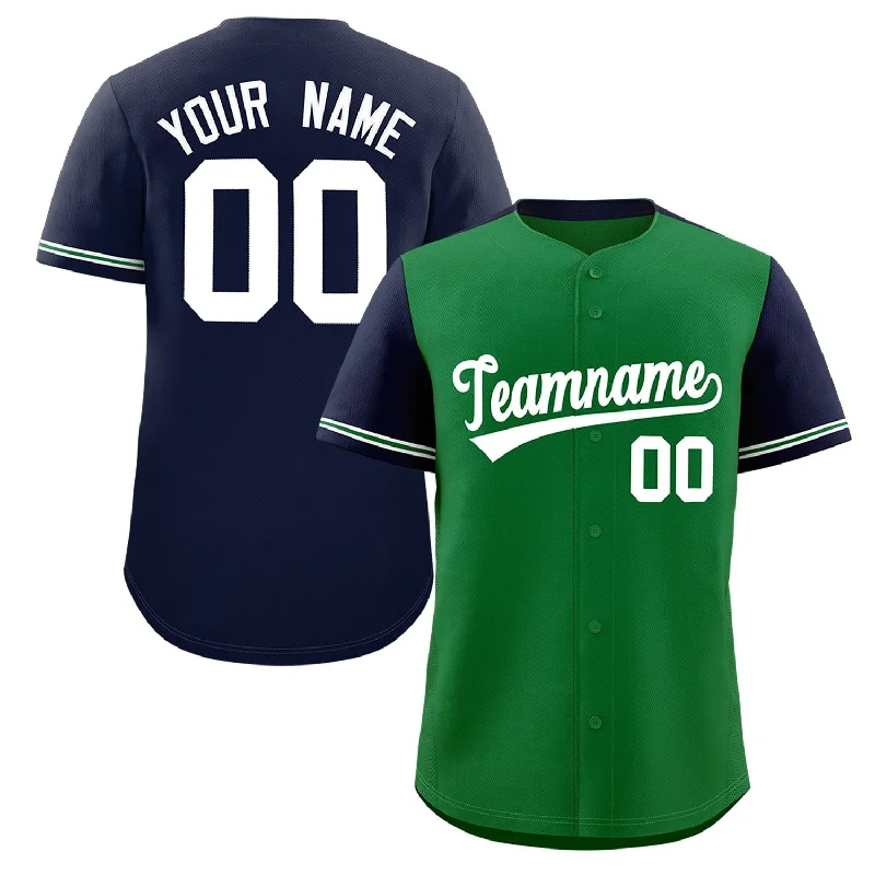 Colorful Baseball Jersey for Fun Outfits-Custom Kelly Green Navy Color Block Personalized Raglan Sleeves Authentic Baseball Jersey