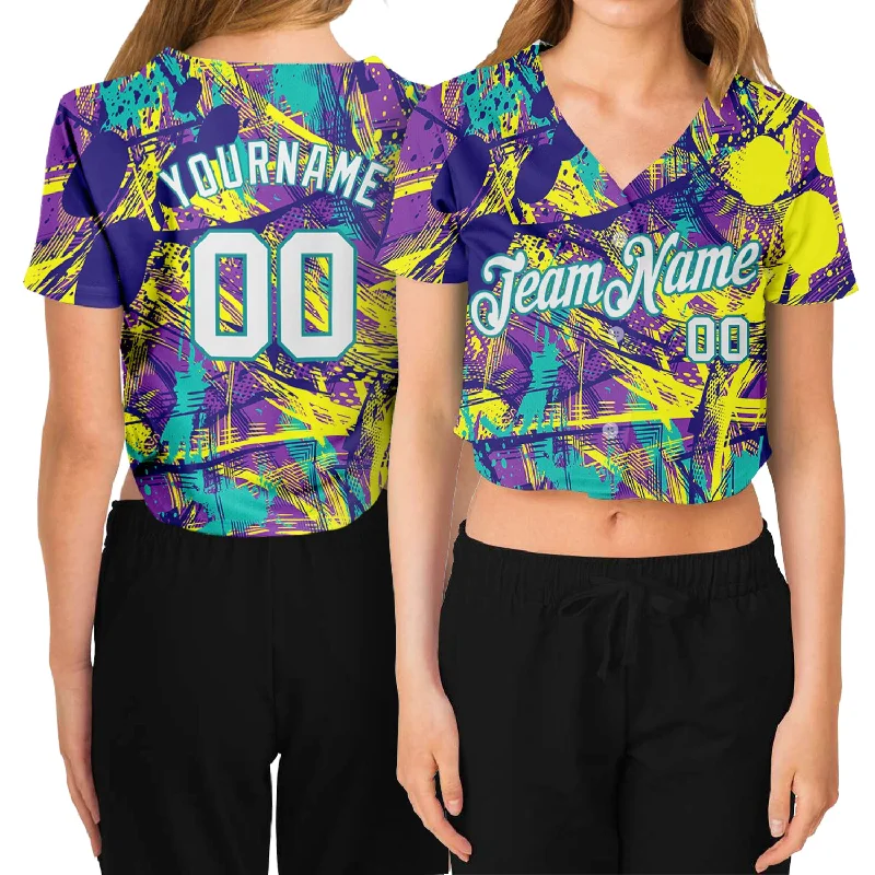 Soft Baseball Jersey for Summer Wear-Custom Women's Graffiti Pattern White-Aqua Abstract Urban 3D V-Neck Cropped Baseball Jersey