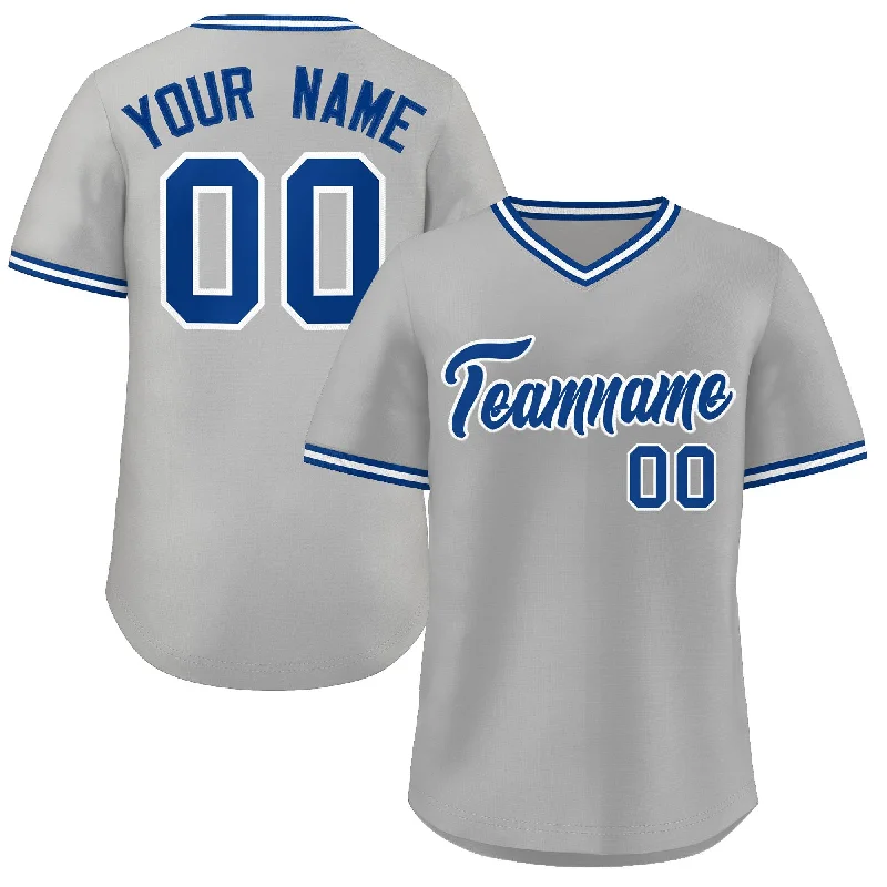 Soft Baseball Jersey for Summer Wear-Custom Gray Royal-White Classic Style V-Neck Authentic Pullover Baseball Jersey